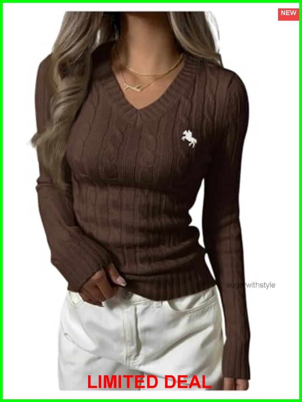 Embroidered V Neck Long Sleeve Cable Knit Pullover Sweater
